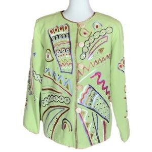 Vintage Allure light green wearable art blazer jacket with embroidery Size Small